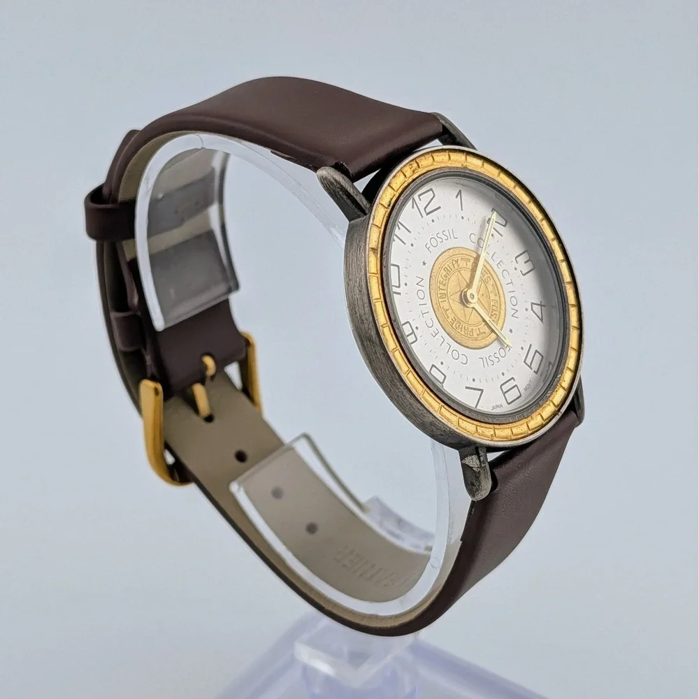 1980s Vintage Fossil Collection Quartz Watch Gold Medallion Dial Leather 36mm